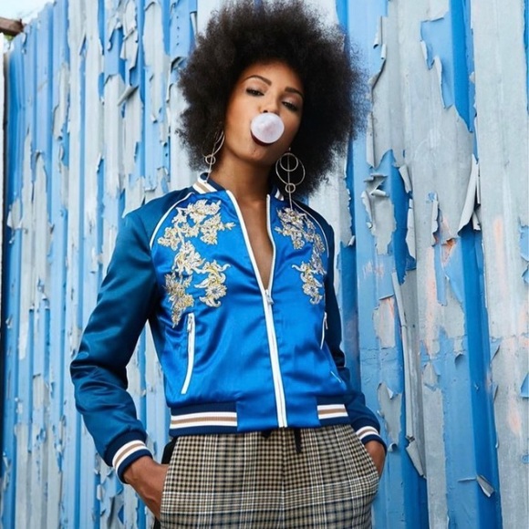 Maje Bichon Satin Embroidered Bomber Jacket Size 36 $395.00